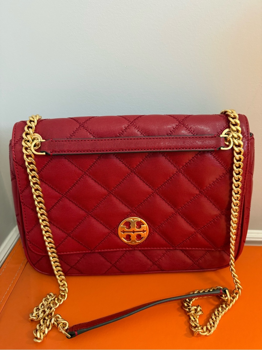 Tory Burch Quilted Red Leather Shoulder Bag with Gold Chain